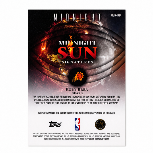 TOPPS- Carte Auto Koby Brea RC /75 – Midnight 2025 Phoenix Suns Rookie