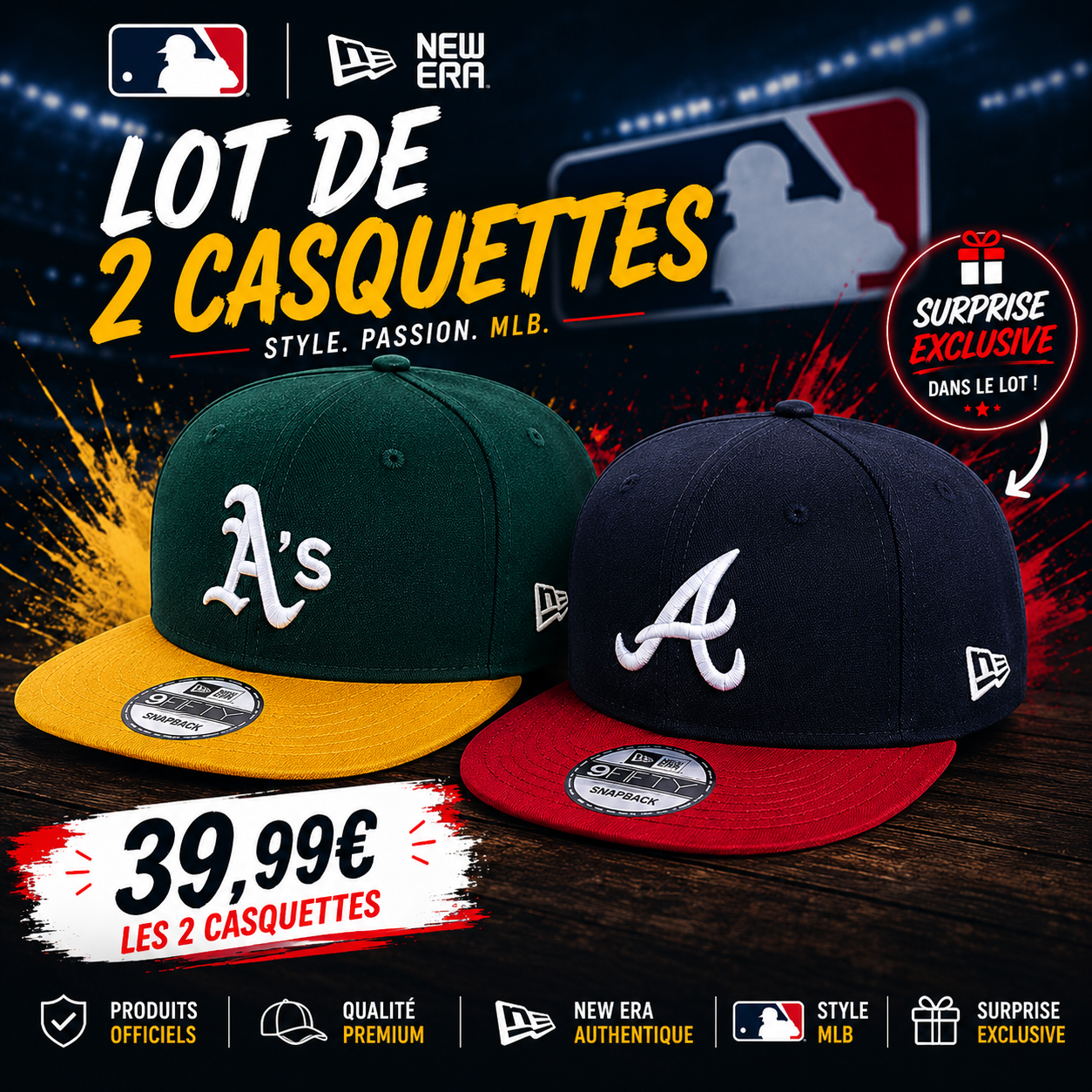 NEW ERA – Lot de 2 Casquettes MLB Snapback Officielles – Atlanta Braves & Oakland Athletics