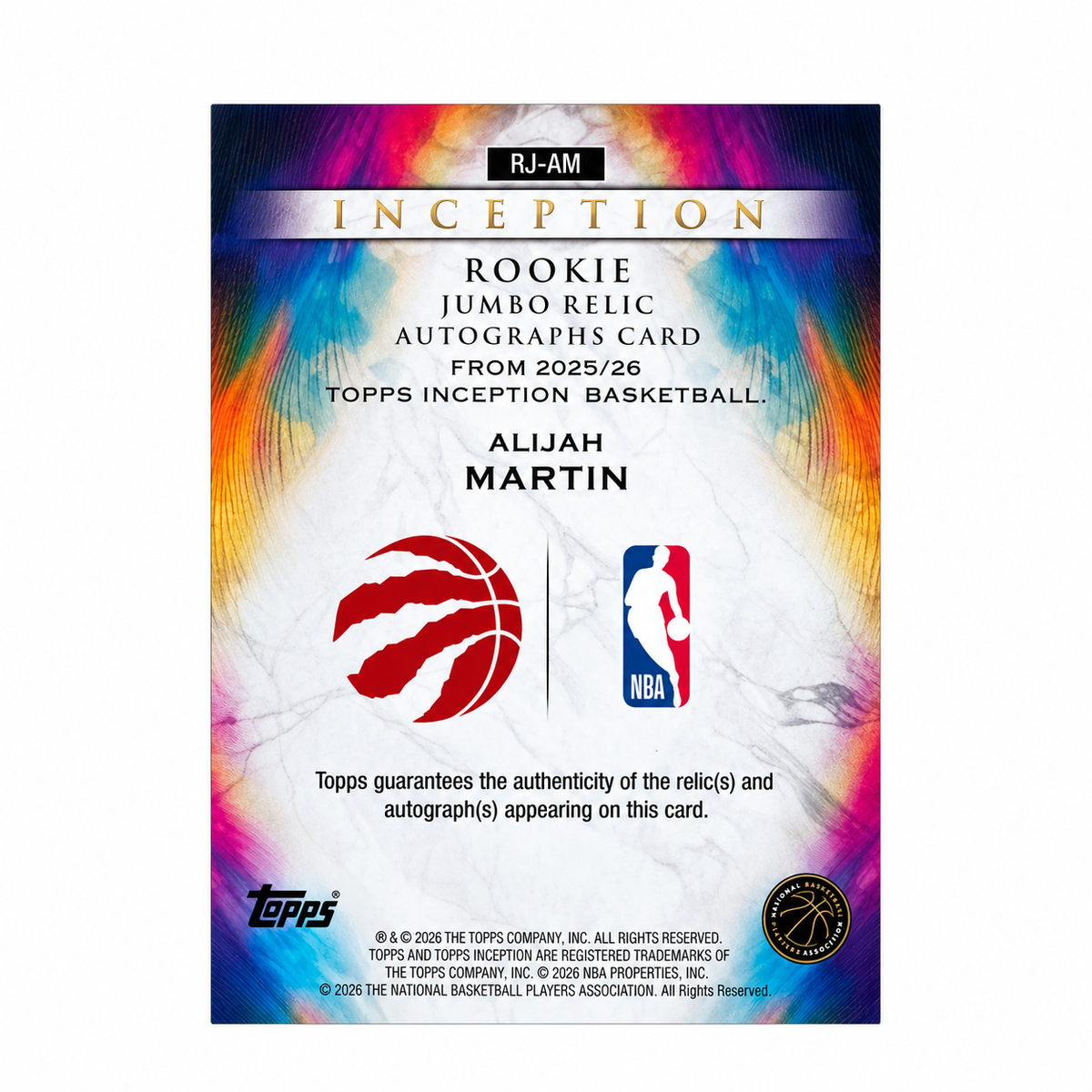 TOPPS - Carte Alijah Martin RC Auto Jumbo Relic – Inception 2025-26 – Toronto Raptors