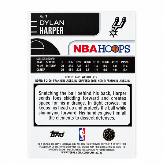 TOPPS - Carte Dylan Harper RC Rainbow Foil /275 – NBA Hoops 2025-26 – San Antonio Spurs