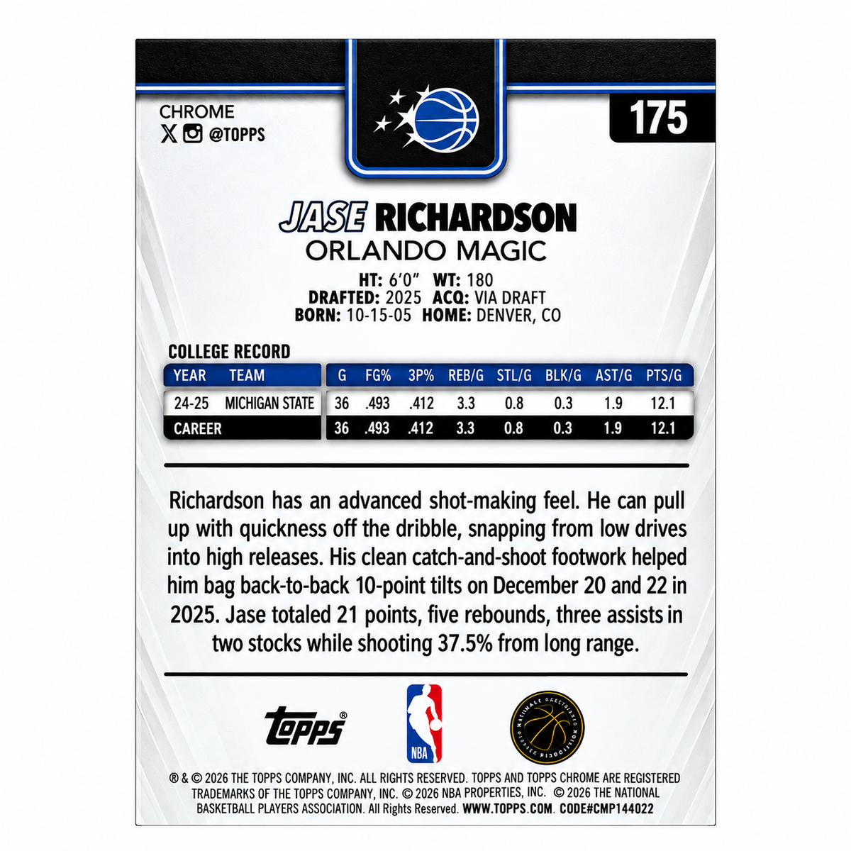 TOPPS - Carte Jase Richardson RC Blue Sapphire #175 – Orlando Magic