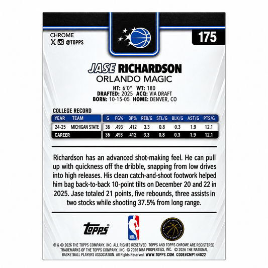 TOPPS - Carte Jase Richardson RC Blue Sapphire #175 – Orlando Magic