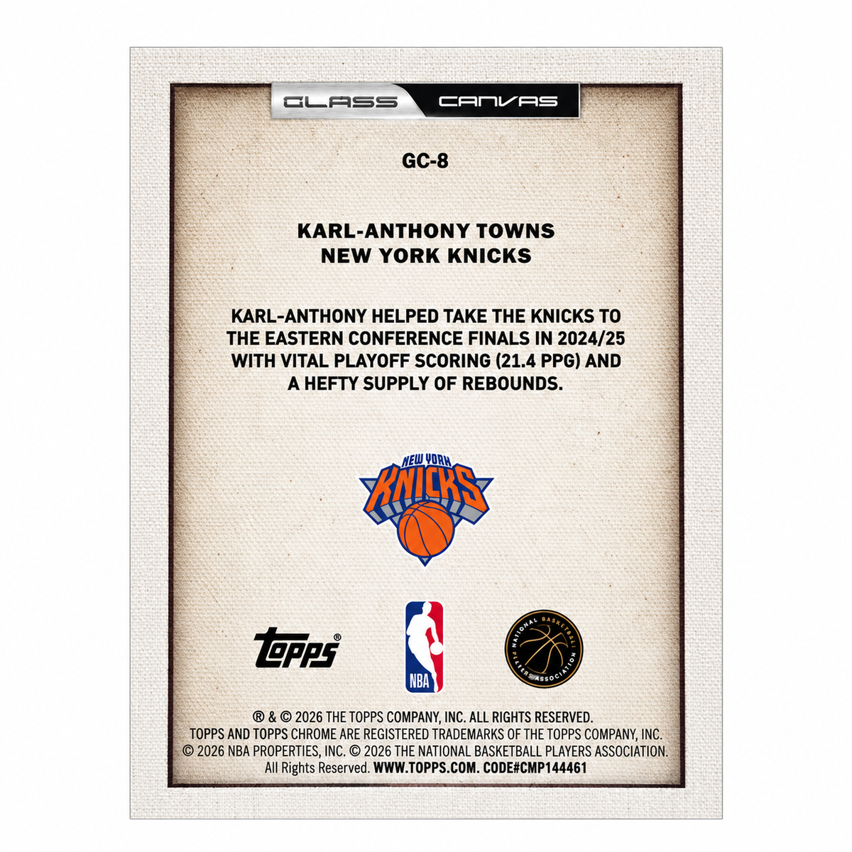 TOPPS - Carte Karl-Anthony Towns Glass Canvas – Update 2025-26 – New York Knicks