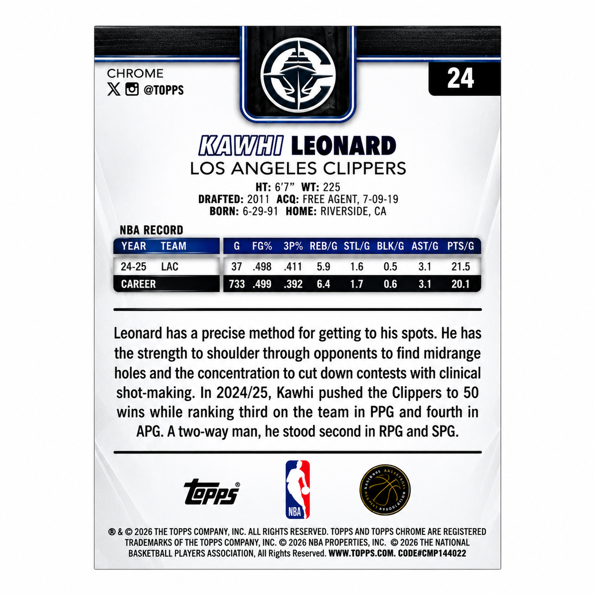 TOPPS - Carte Kawhi Leonard Blue Sapphire #24 – Los Angeles Clippers