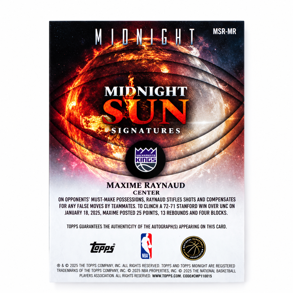 TOPPS - Auto Maxime Raynaud RC – Midnight Sun – Sacramento Kings