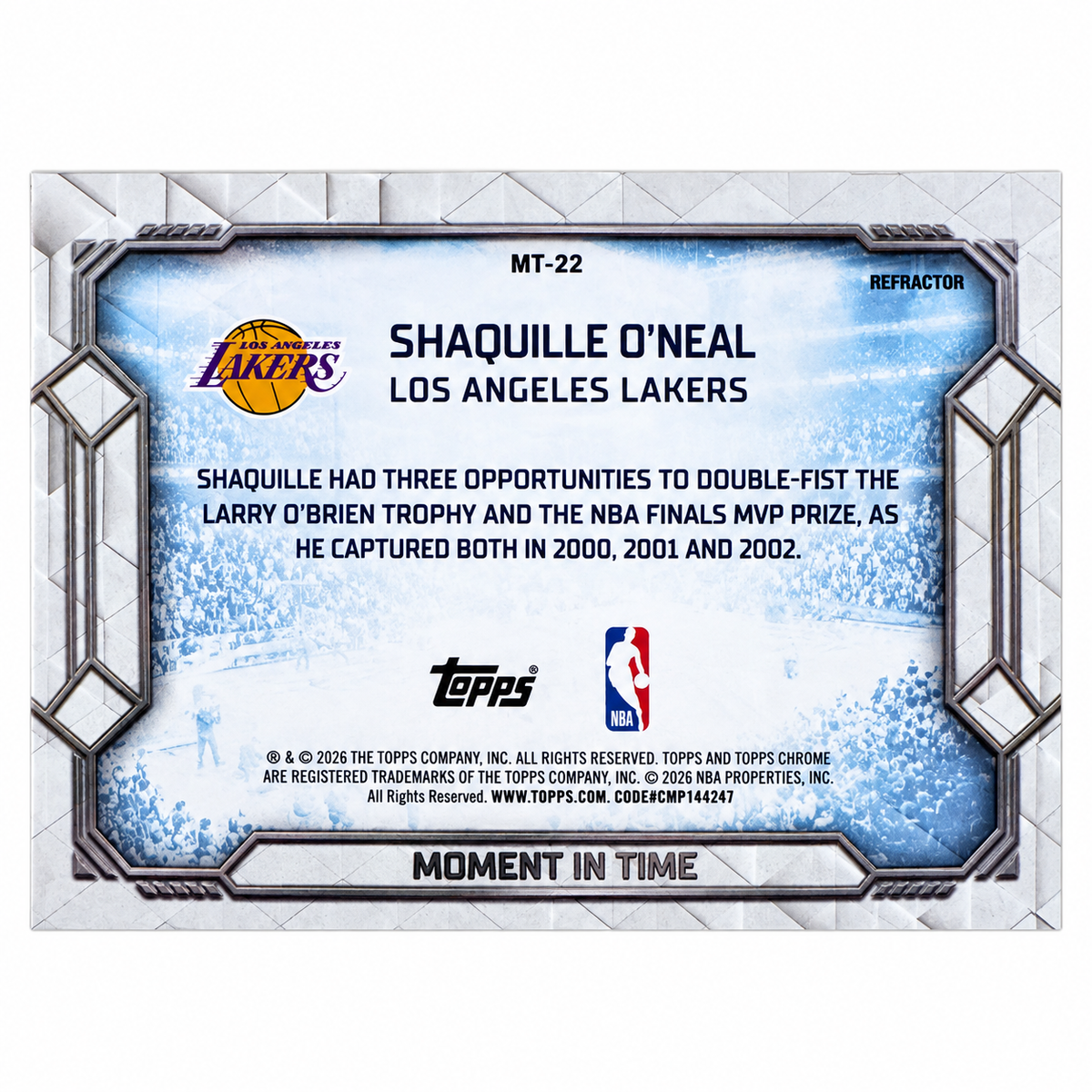 TOPPS - Chrome Carte Shaquille O’Neal Refractor – Moment in Time MT-22 – Los Angeles Lakers