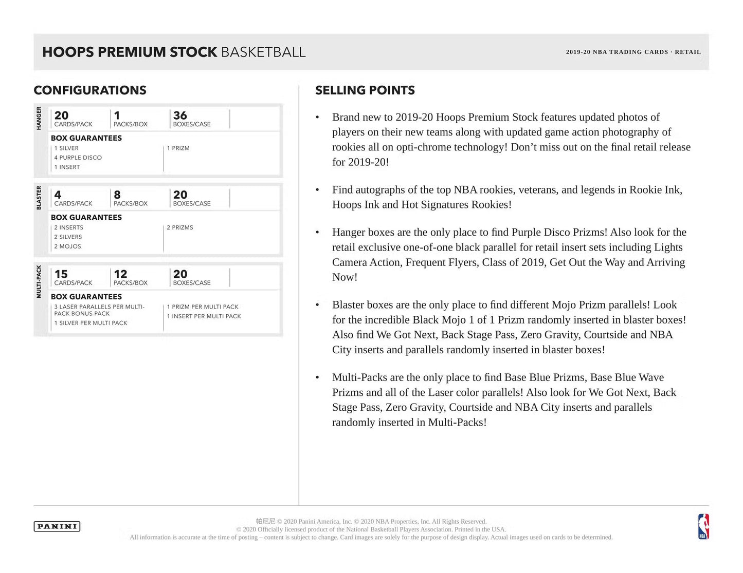 PANINI - 2019/20 Hoops Premium Stock Basketball Blaster Box (8 Packs)