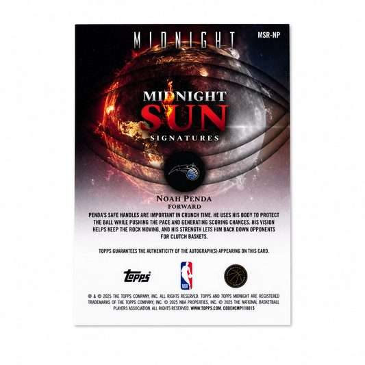 TOPPS – Carte Autographe NOAH PENDA RC – Midnight Sun Signatures 2025