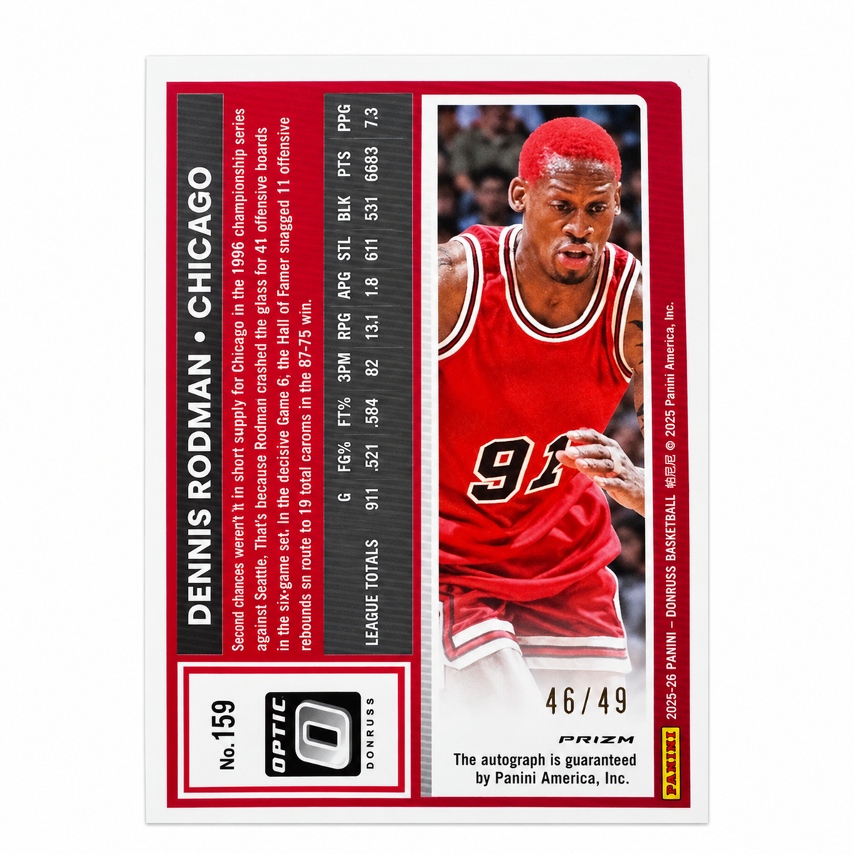 PANINI – Dennis Rodman Chicago Bulls Donruss Optic Prizm Auto /49 – 2025-26 – #159