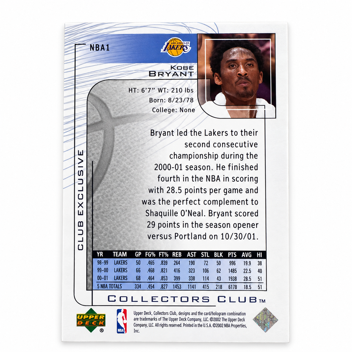 UPPER DECK – Kobe Bryant Los Angeles Lakers Collectors Club Exclusive #NBA1 – 2002