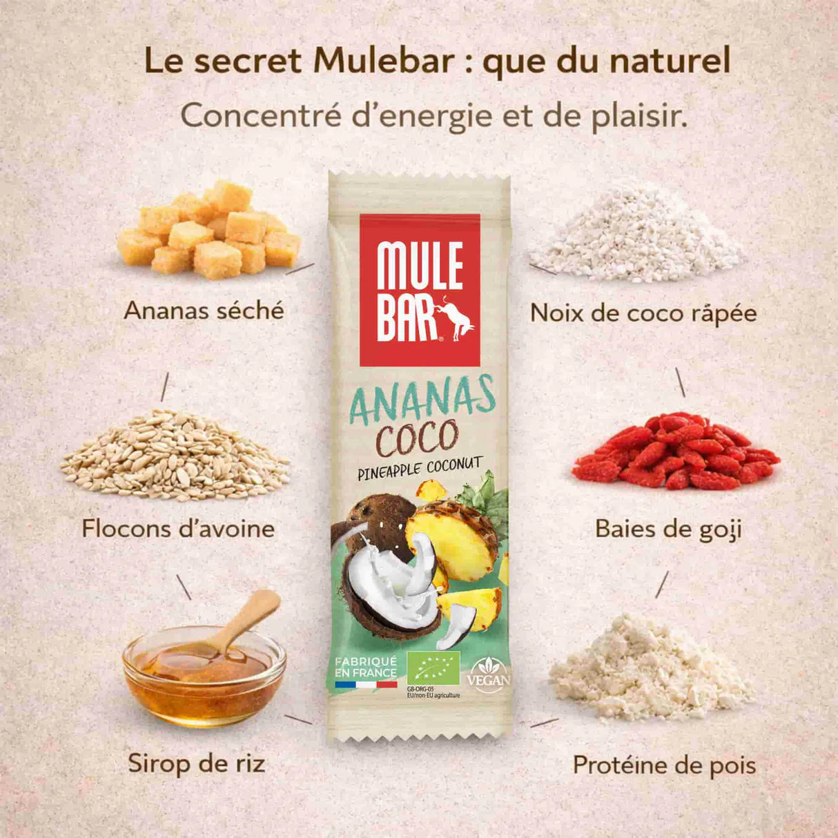 MULEBAR – Barre Énergétique Bio & Vegan 40g Ananas Coco & Baies de Goji