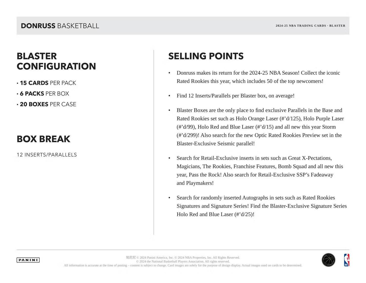 PANINI Donruss Basketball 2024/25 – Blaster Pack (15 Cartes)