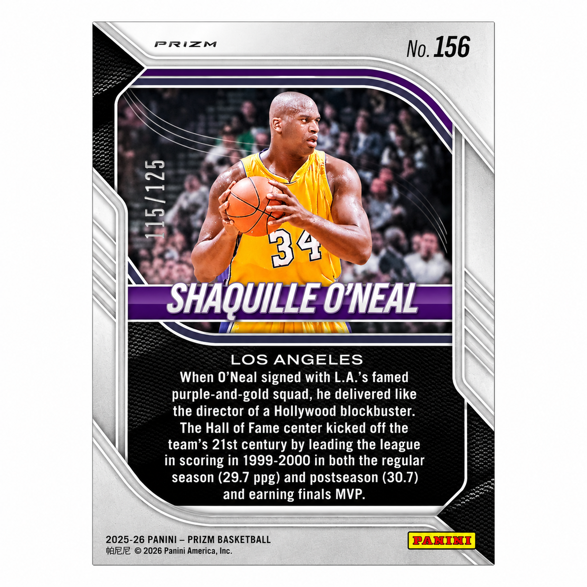 PANINI - Carte Shaquille O’Neal Pink Pulsar /125 – Prizm 2025-26 – Los Angeles Lakers