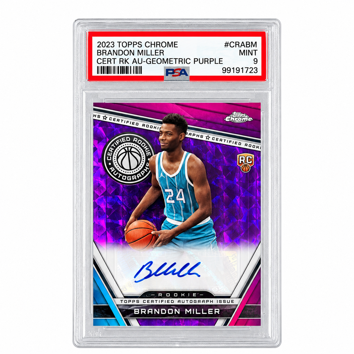 TOPPS - Carte Brandon Miller RC Auto Geometric Purple – 2023-24 – PSA 9