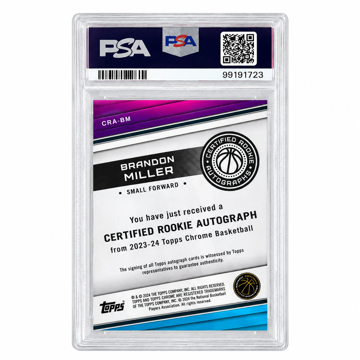 TOPPS - Carte Brandon Miller RC Auto Geometric Purple – 2023-24 – PSA 9