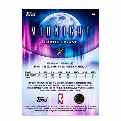 TOPPS - Carte Carter Bryant RC Purple /75 – Topps Midnight 2025-26 – San Antonio Spurs