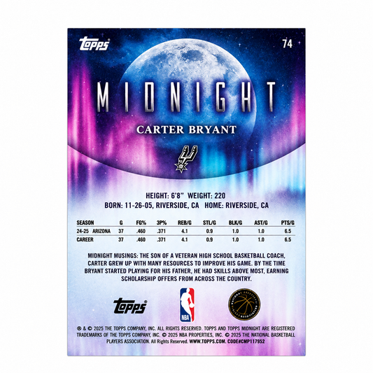 TOPPS - Carte Carter Bryant RC Purple /75 – Topps Midnight 2025-26 – San Antonio Spurs