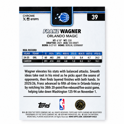 TOPPS - Carte Franz Wagner Black 07/10 Chrome Update Sapphire Edition– Orlando Magic