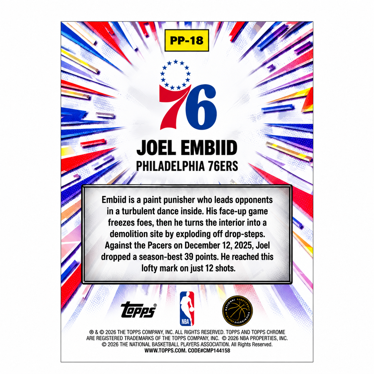 TOPPS - Carte Joel Embiid Power Players Purple /75 – Philadelphia 76ers