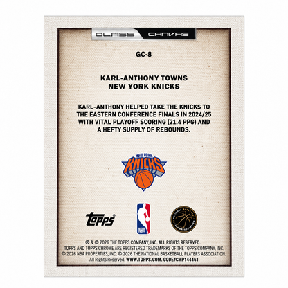 TOPPS - Carte Karl-Anthony Towns Glass Canvas – Update 2025-26 – New York Knicks