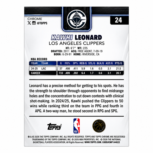 TOPPS - Carte Kawhi Leonard Blue Sapphire #24  – Los Angeles Clippers