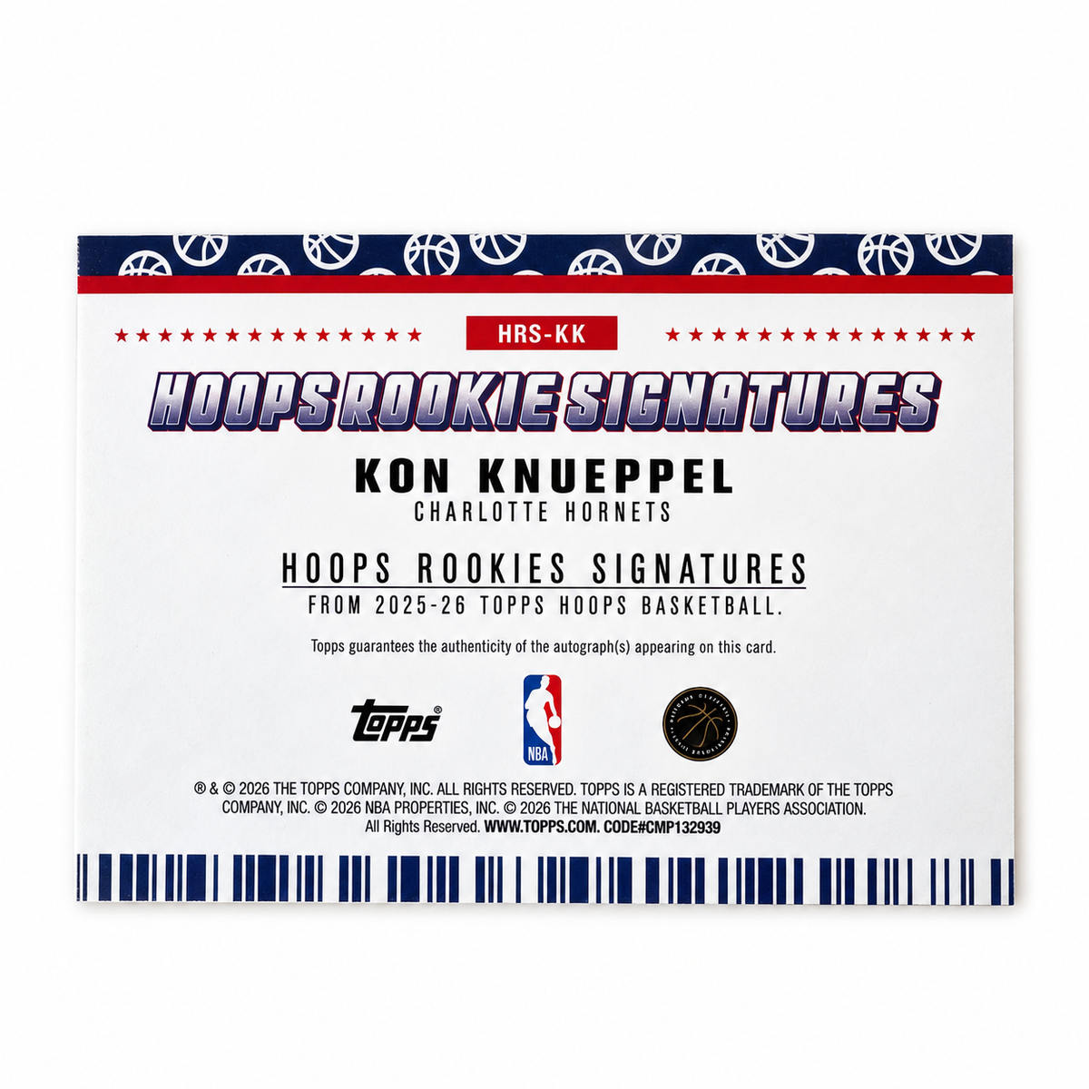 TOPPS – Carte Kon Knueppel Auto – NBA Hoops Rookie 2025-26 – Charlotte Hornets