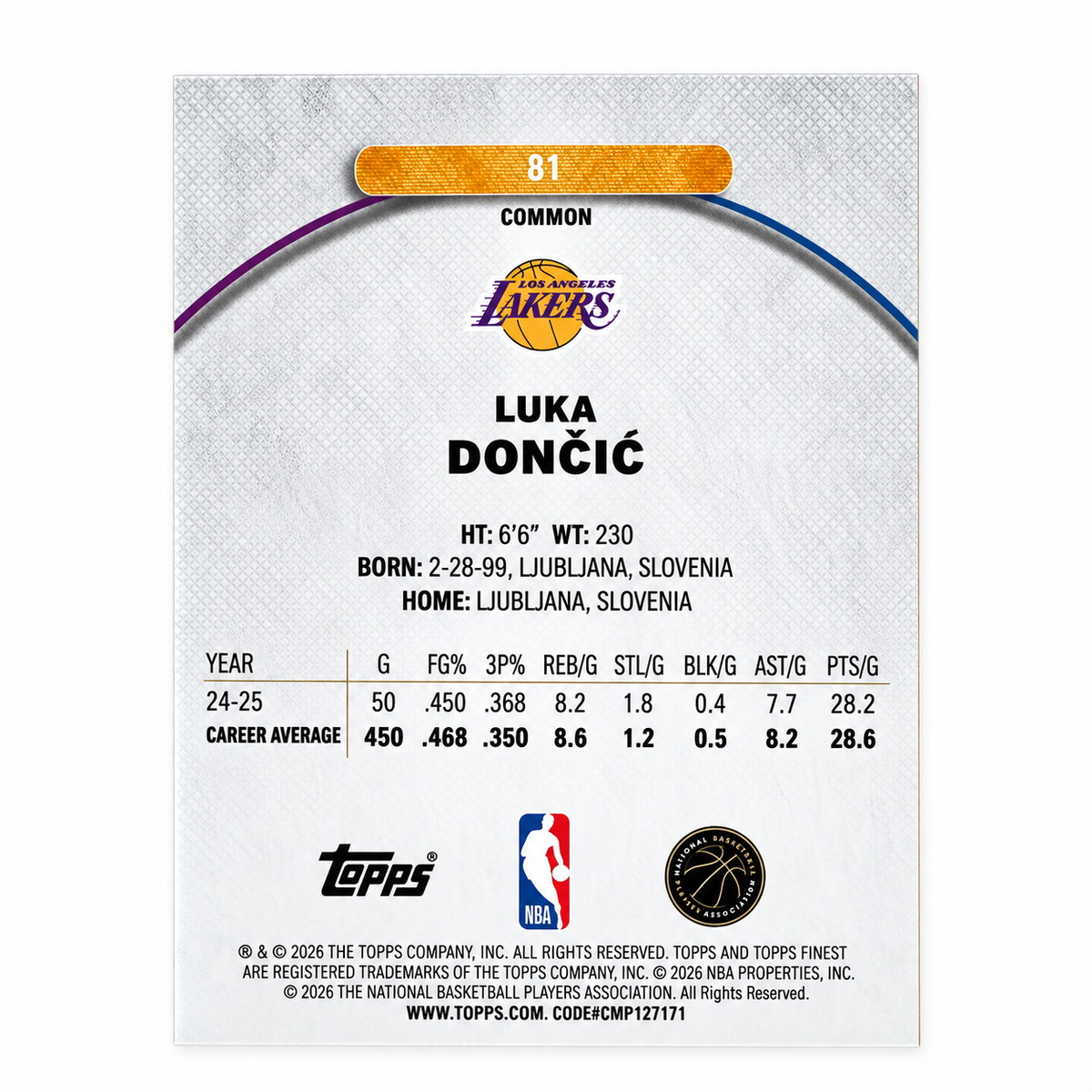 TOPPS - Carte Luka Dončić Common Orange /250 – Finest 2025-26 – Los Angeles Lakers