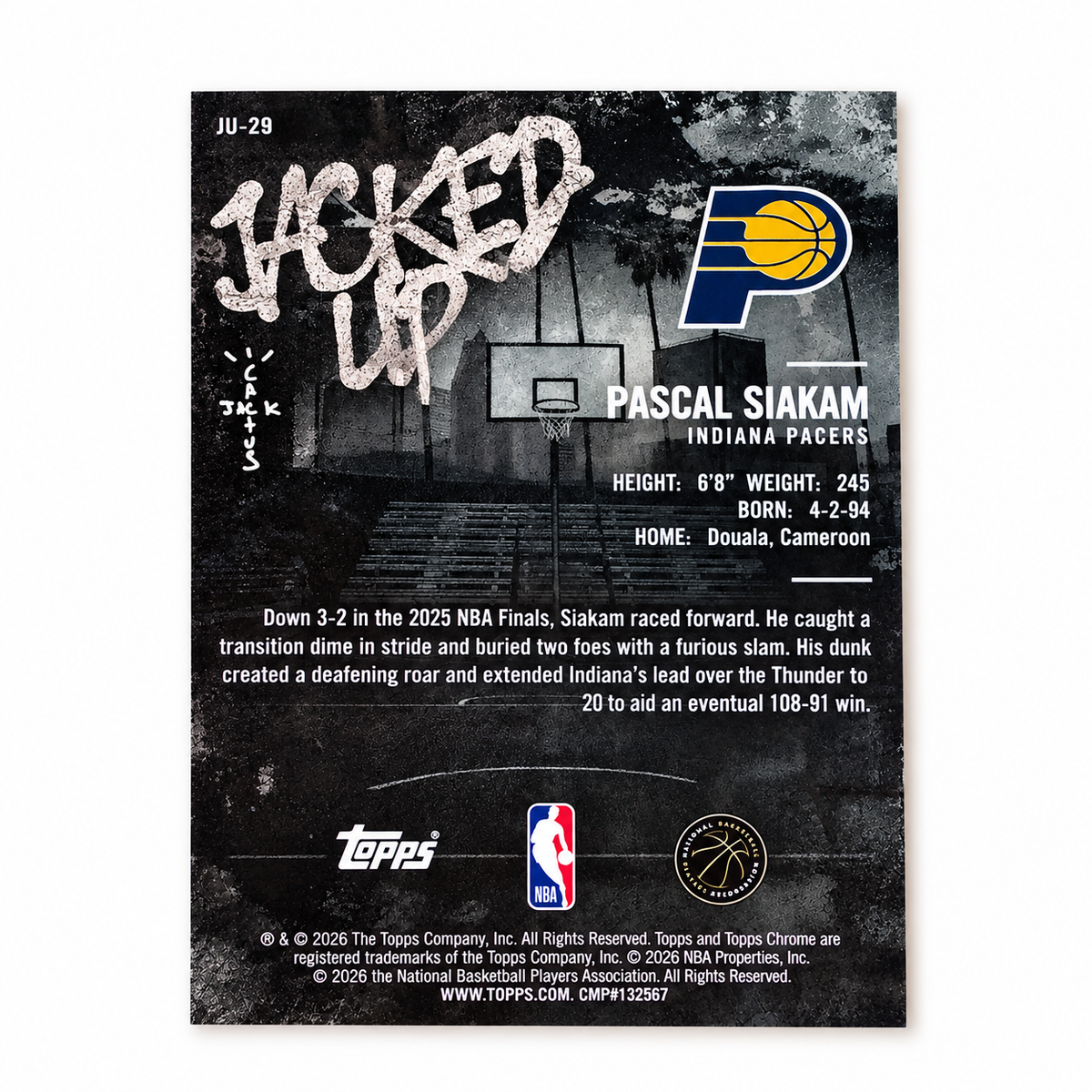TOPPS – Carte Pascal Siakam Jacked Up /10 – Cactus Jack 2025-26 – Indiana Pacers