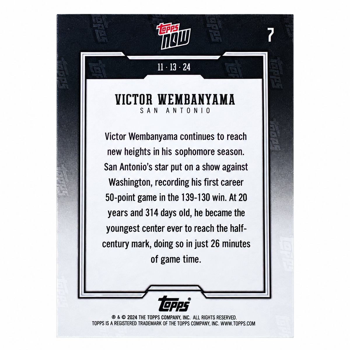 TOPPS - Carte Victor Wembanyama #7 – 50 Points – Topps NOW 2024 – San Antonio Spurs