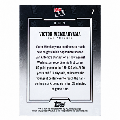 TOPPS - Carte Victor Wembanyama #7 – 50 Points – Topps NOW 2024 – San Antonio Spurs